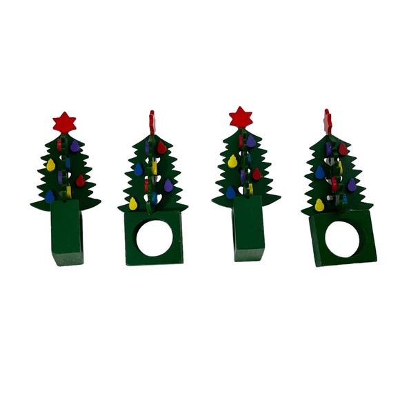 Vintage wooden hand painted 3D Christmas tree napkin rings (set of 4) - Picture 6 of 6